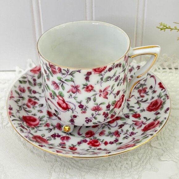 Vintage Yada China Floral Tea Cup & Saucer Pink Roses Gold Trim Cottage Core - Picture 3 of 14